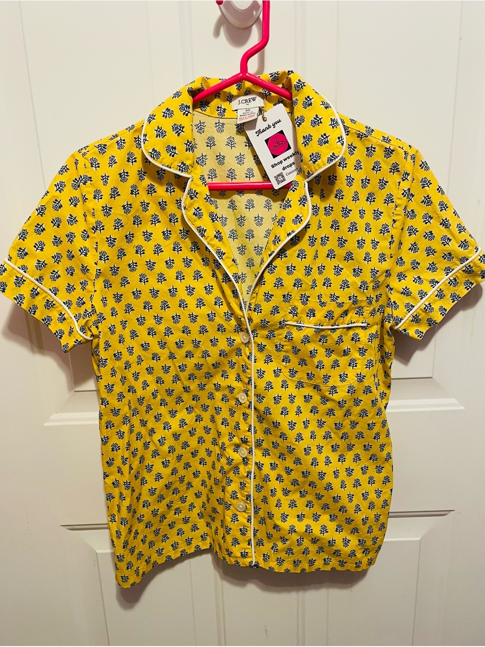 J. Crew Short-Sleeve Yellow Button-Up with Navy Floral Print